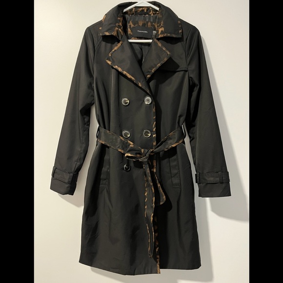 NWOT Tahari Double Breasted Trench Rain Jacket belted pockets animal print trim - Picture 2 of 12
